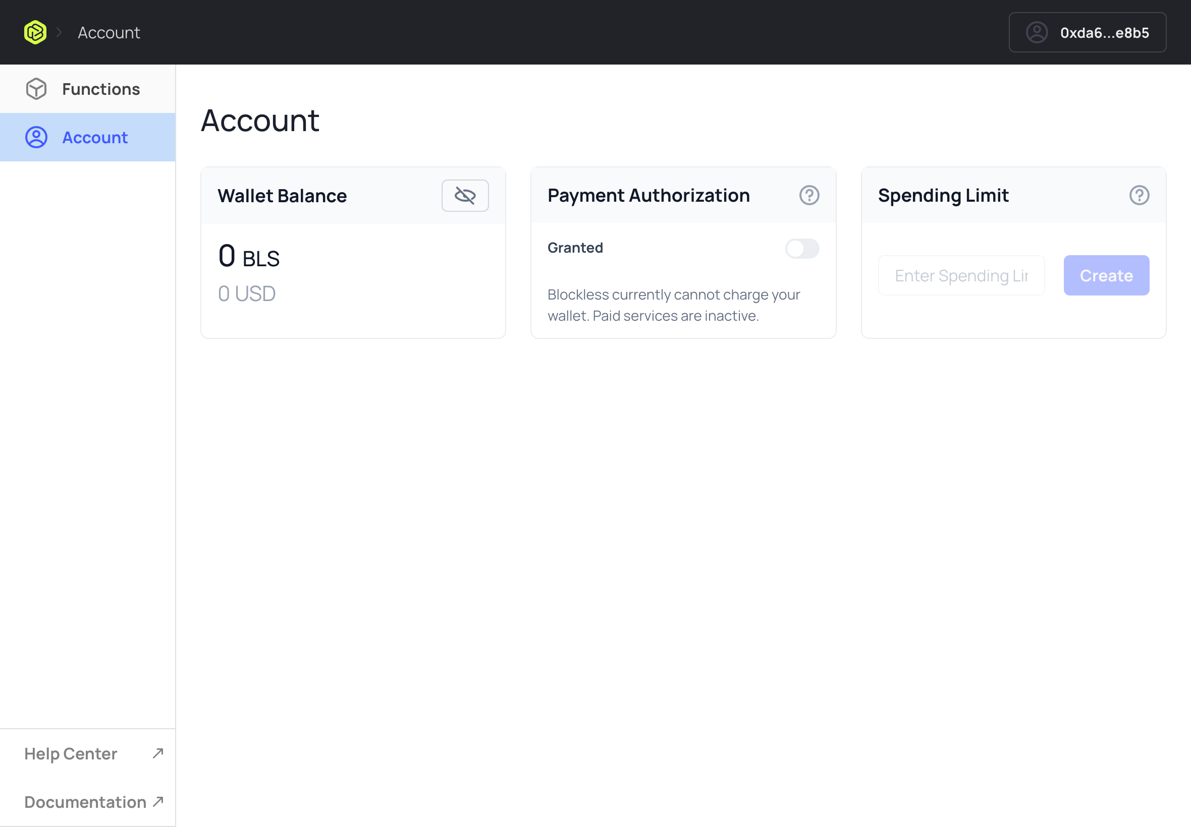 Blockless Console Account Page